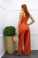 Linen Button Down Belted Orange Jumpsuit-Jumpsuit-Moda Fina Boutique