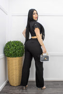 Linen Short Sleeve Top Cargo Pant Set Black-Set-Moda Fina Boutique