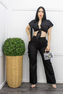 Linen Short Sleeve Top Cargo Pant Set Black-Set-Moda Fina Boutique