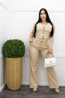 Linen Sleeveless Blazer Top Pant Set Tan-Set-Moda Fina Boutique