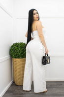 Linen Strapless Belted White Jumpsuit-Jumpsuit-Moda Fina Boutique