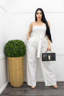 Linen Strapless Belted White Jumpsuit-Jumpsuit-Moda Fina Boutique