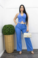 Linen Tie Back Top Pant Set Blue-Set-Moda Fina Boutique