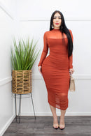 Long Sleeve Mash Midi Dress Rust-Midi Dress-Moda Fina Boutique