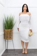Off Shoulder Long Sleeve Midi Dress White-Midi Dress-Moda Fina Boutique