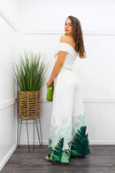 Off Shoulder Palm Trim White Jumpsuit-Jumpsuit-Moda Fina Boutique