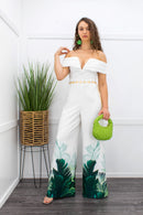 Off Shoulder Palm Trim White Jumpsuit-Jumpsuit-Moda Fina Boutique