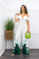 Off Shoulder Palm Trim White Jumpsuit-Jumpsuit-Moda Fina Boutique