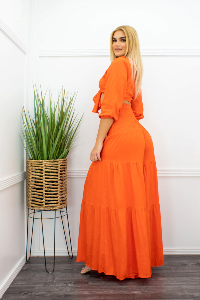 Orange Crop Top Ruched Pant Set-Set-Moda Fina Boutique