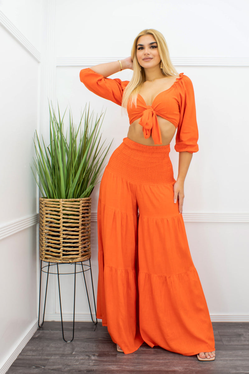 Orange Crop Top Ruched Pant Set-Set-Moda Fina Boutique