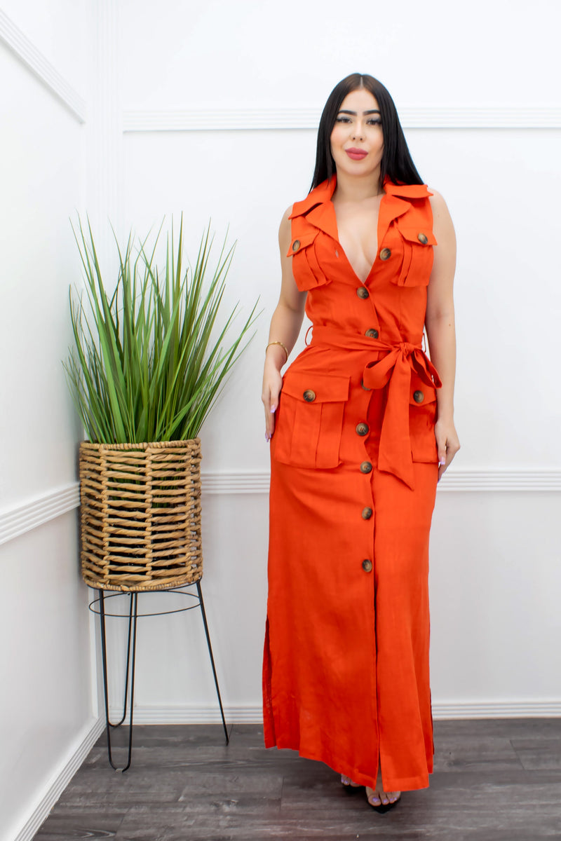 Orange Sleeveless Belted Maxi Dress-Maxi Dress-Moda Fina Boutique