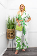 Palm Leaf Print Tie Side Top Pant Set-Set-Moda Fina Boutique