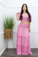 Pink S S Crop Top Ruffled Maxi Skirt Set-Set-Moda Fina Boutique