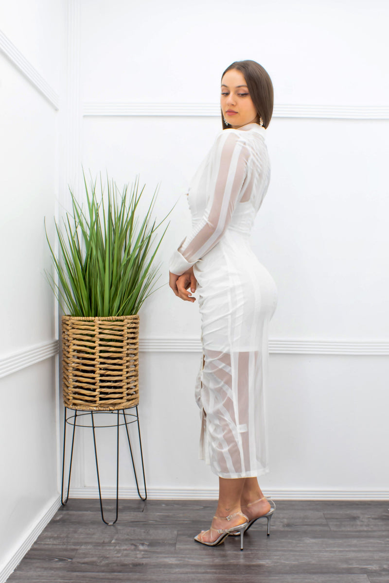 Plunge Long Sleeve See Thru Maxi Dress White-Maxi Dress-Moda Fina Boutique