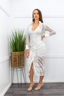 Plunge Long Sleeve See Thru Maxi Dress White-Maxi Dress-Moda Fina Boutique