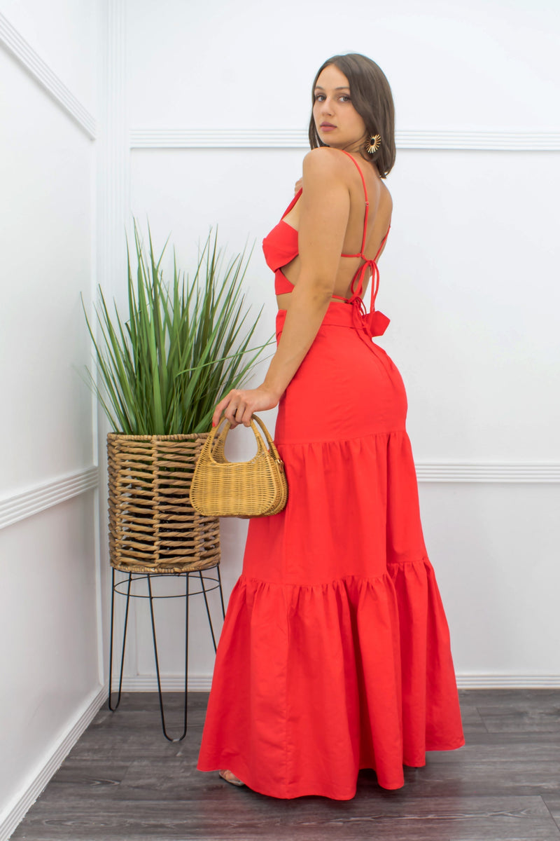 Red Crop Top Belted Maxi Skirt Set-Set-Moda Fina Boutique