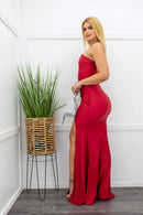 Red One Shoulder Slit Ruffled Maxi Dress-Maxi Dress-Moda Fina Boutique