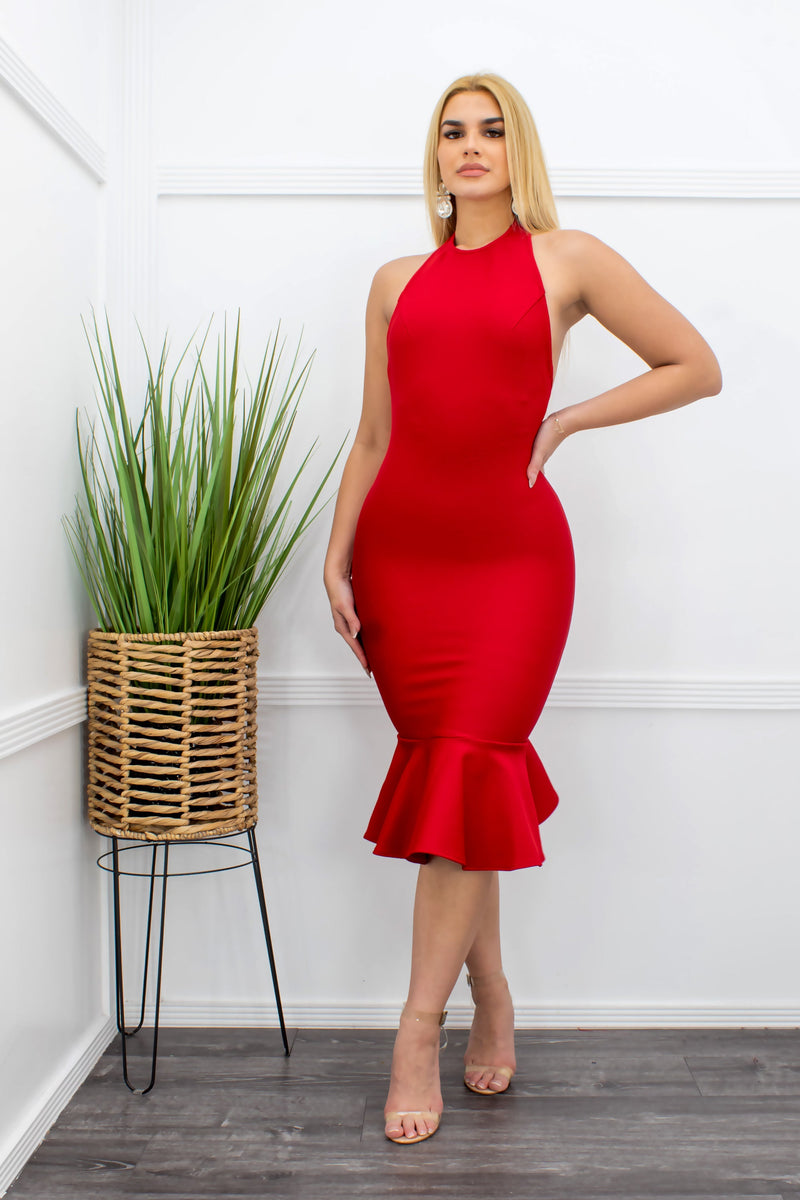 Red Open Back Ruffled Midi Dress-Midi Dress-Moda Fina Boutique