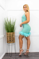 Rhinestones Feather Trimmed Mini Dress Aqua-Mini Dress-Moda Fina Boutique