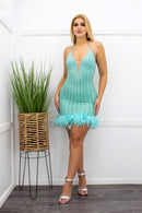 Rhinestones Feather Trimmed Mini Dress Aqua-Mini Dress-Moda Fina Boutique