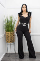 Ruffed Feather Trimmed Belted Jumpsuit Black-Jumpsuit-Moda Fina Boutique
