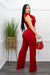 Ruffed Feather Trimmed Belted Jumpsuit Red-Jumpsuit-Moda Fina Boutique