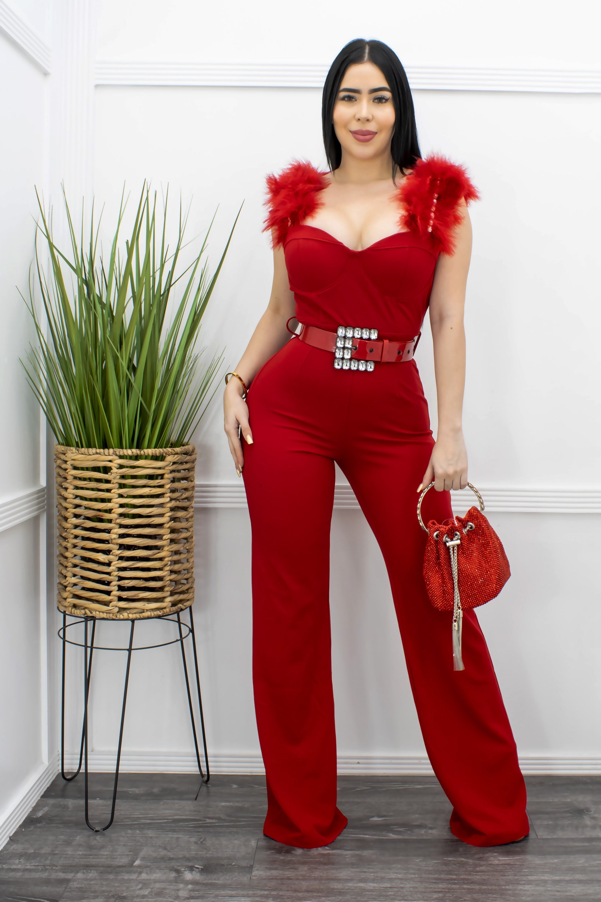 Ruffed Feather Trimmed Belted Jumpsuit Red only 94.99