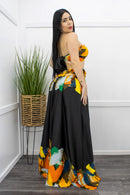 Ruffle Tie Back Slit Yellow Maxi Dress Black-Maxi Dress-Moda Fina Boutique