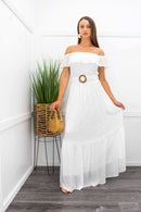 Ruffled Off Shoulder Belted Maxi Dress White-Maxi Dress-Moda Fina Boutique