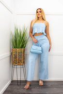 Ruffled Off Shoulder Top Pant Set Blue-Set-Moda Fina Boutique