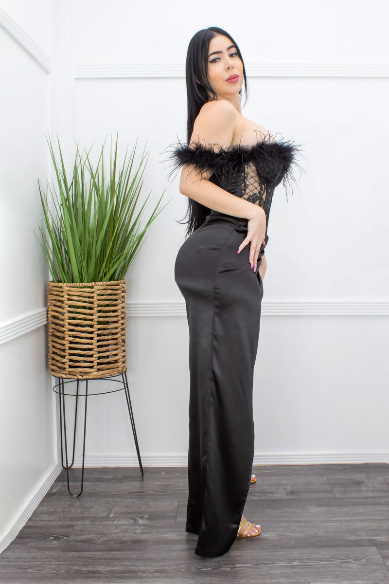 Satin Feather Trimmed Slit Black Maxi Dress-Maxi Dress-Moda Fina Boutique