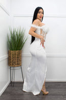 Satin Feather Trimmed Slit White Maxi Dress-Maxi Dress-Moda Fina Boutique
