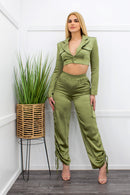 Satin Long Sleeve Top Cargo Set-Set-Moda Fina Boutique