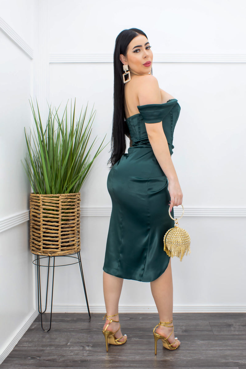 Satin Off Shoulder Slit Midi Dress D Green-Midi Dress-Moda Fina Boutique