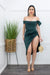 Satin Off Shoulder Slit Midi Dress D Green-Midi Dress-Moda Fina Boutique