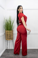 Satin Short Sleeve Red Jumpsuit-Jumpsuit-Moda Fina Boutique