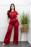 Satin Short Sleeve Red Jumpsuit-Jumpsuit-Moda Fina Boutique