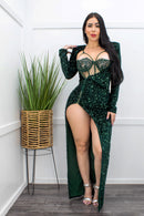 Sequin Bodysuit Slit Maxi Dress Green-Maxi Dress-Moda Fina Boutique