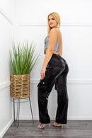 Shiny Black Cargo Pants-Bottom-Moda Fina Boutique