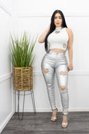 Sliver Leather Diamond Hearts Pants-Bottom-Moda Fina Boutique