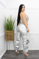 Sliver Metallic Cargo Pants-Bottom-Moda Fina Boutique