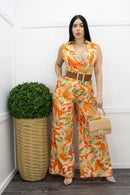 Tropical S L V Neck Belted Jumpsuit-Jumpsuit-Moda Fina Boutique