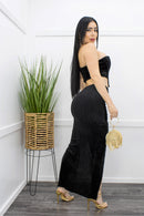 Velvet Crop Top Slit Maxi Skirt Set Black-Set-Moda Fina Boutique