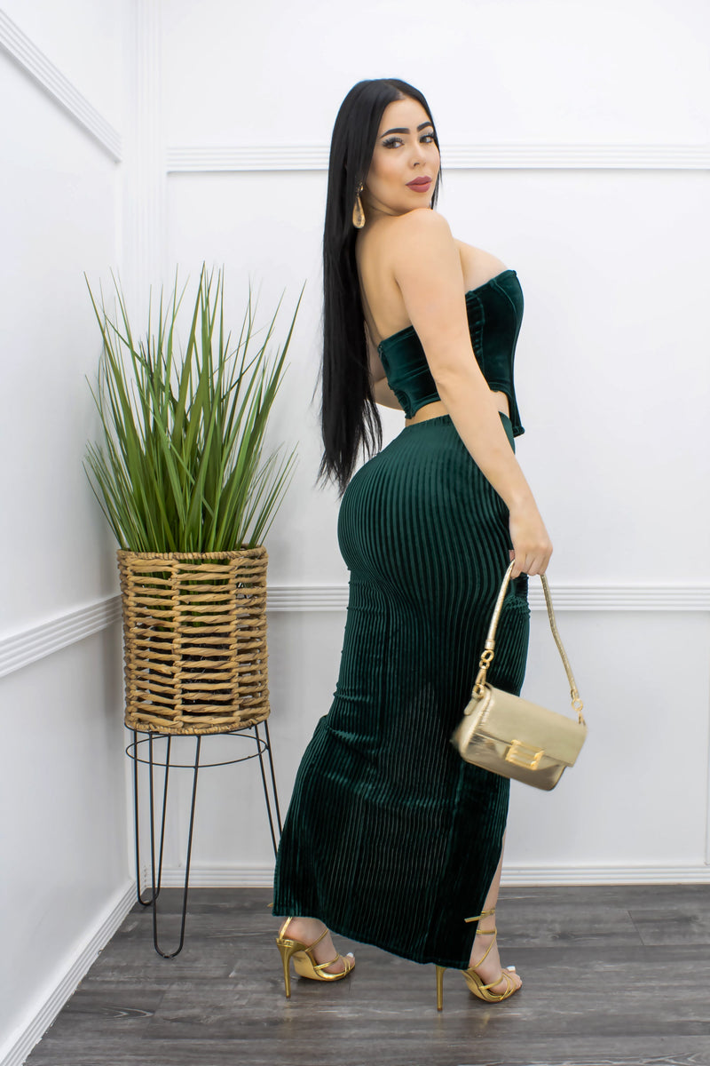 Velvet Crop Top Slit Maxi Skirt Set Green-Set-Moda Fina Boutique