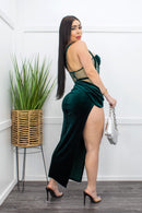 Velvet Detailed Mash Side Slit Green Maxi Dress-Maxi Dress-Moda Fina Boutique