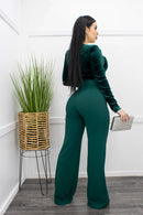 Velvet Long Sleeve Belted Jumpsuit Green-Jumpsuit-Moda Fina Boutique