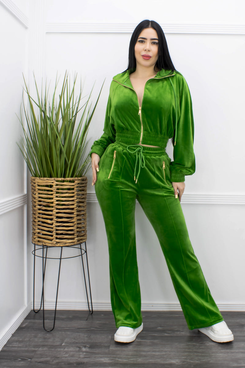 Velvet Top Pant Set Green-Set-Moda Fina Boutique