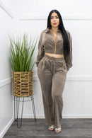 Velvet Zip Up Two Piece Outfit Pant Set-Set-Moda Fina Boutique
