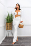 Whit Long Sleeve Crop Top Maxi Skirt Set-Set-Moda Fina Boutique