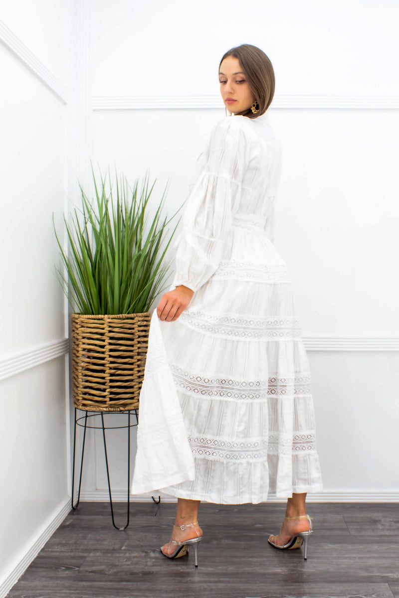 White Crochet Long Sleeve Maxi Dress-Maxi Dress-Moda Fina Boutique